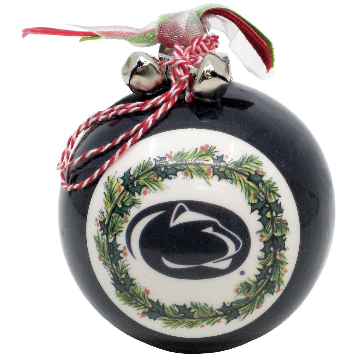 holiday ornament with Penn State Athletic Logo, wreath, bells, and ribbons